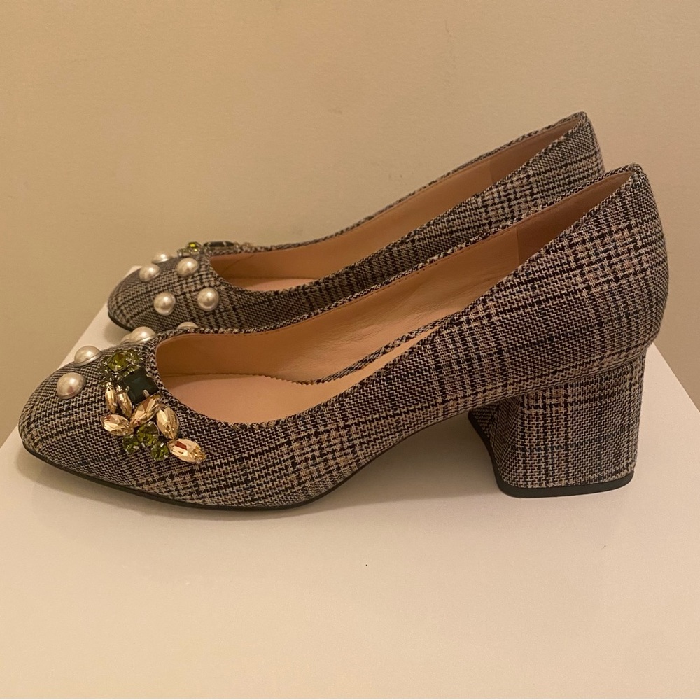 J Crew Womens Celia Block Heel Glen Plaid Embellished Pearl Rhinestone Pumps 8